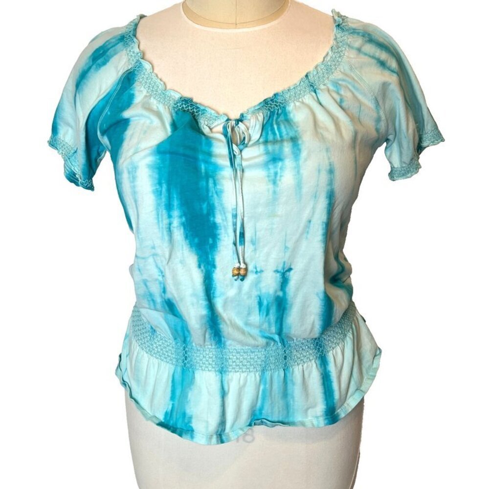 Fashion Bug - Women's L Blouse Short Sleeve Peasant Top Blue White Watercolor